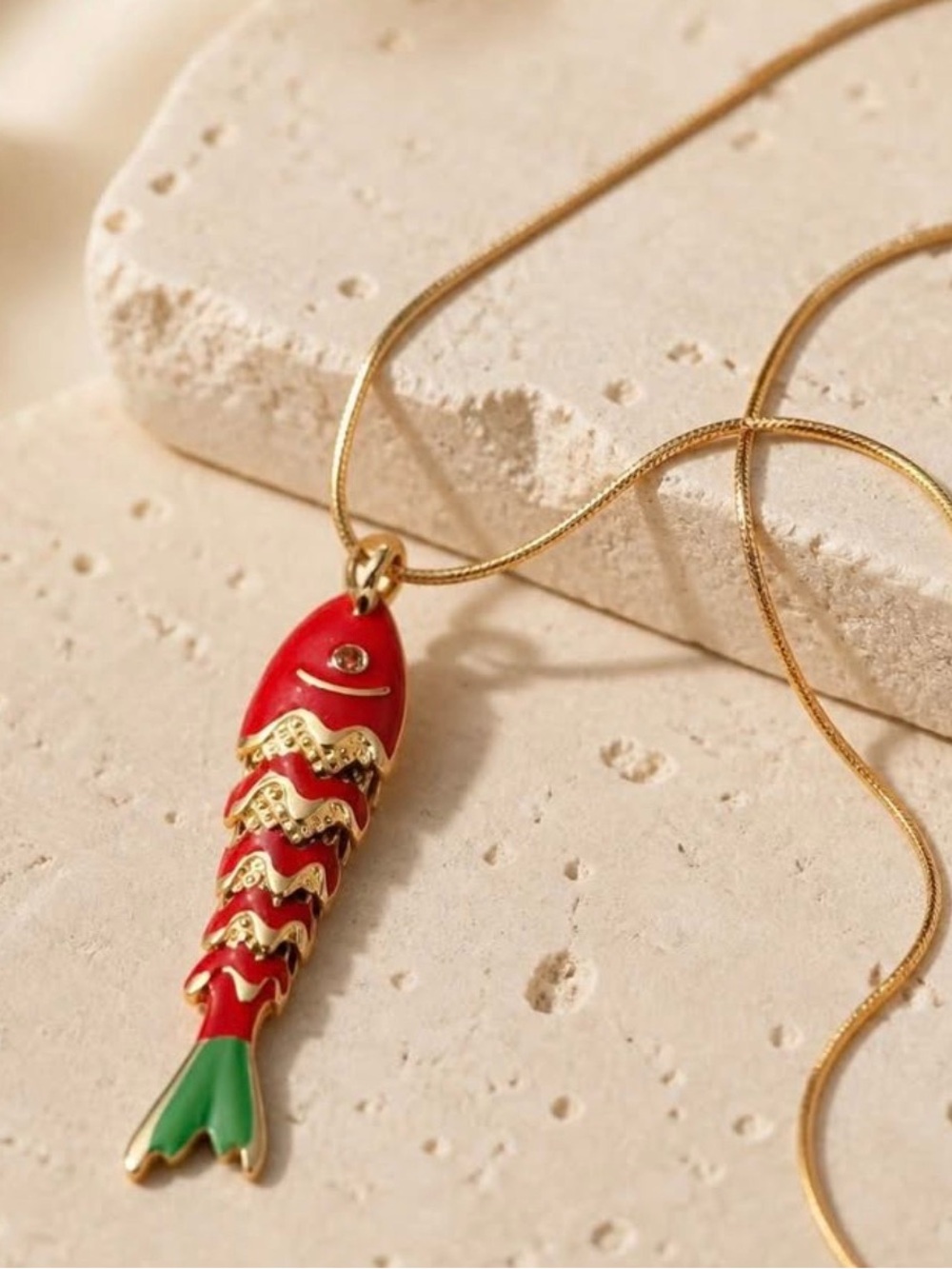 Red & Gold Enamel Fish Pendant Necklace